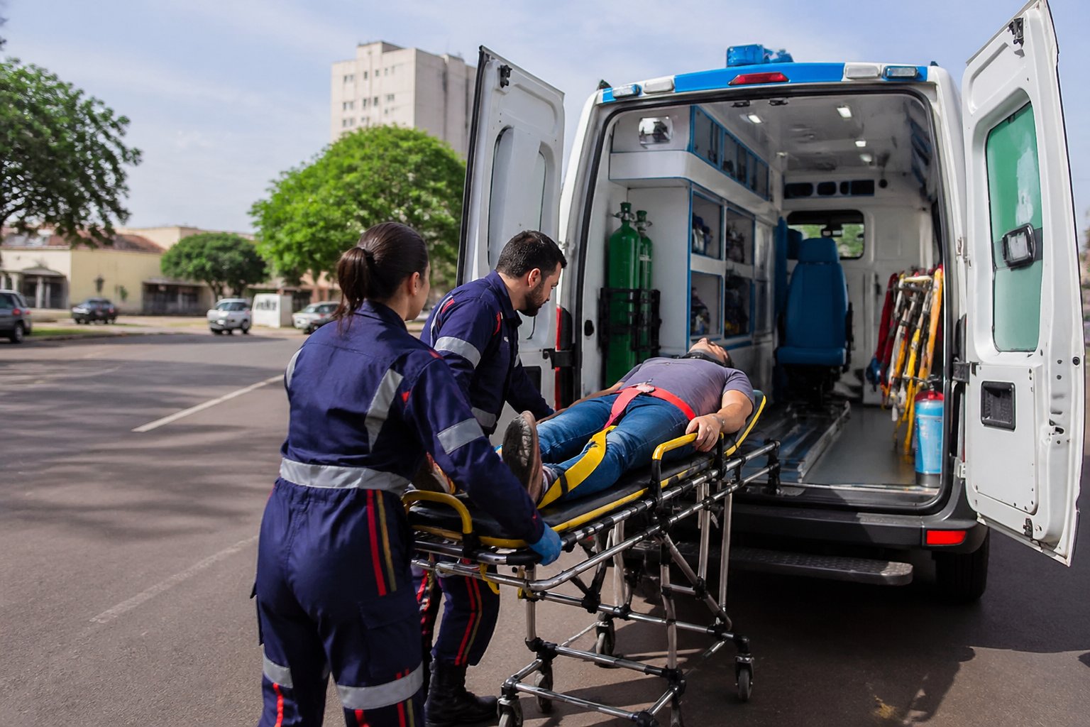 Ambulância estacionada em rua de Nova Londrina com paramédicos atendendo paciente em maca.