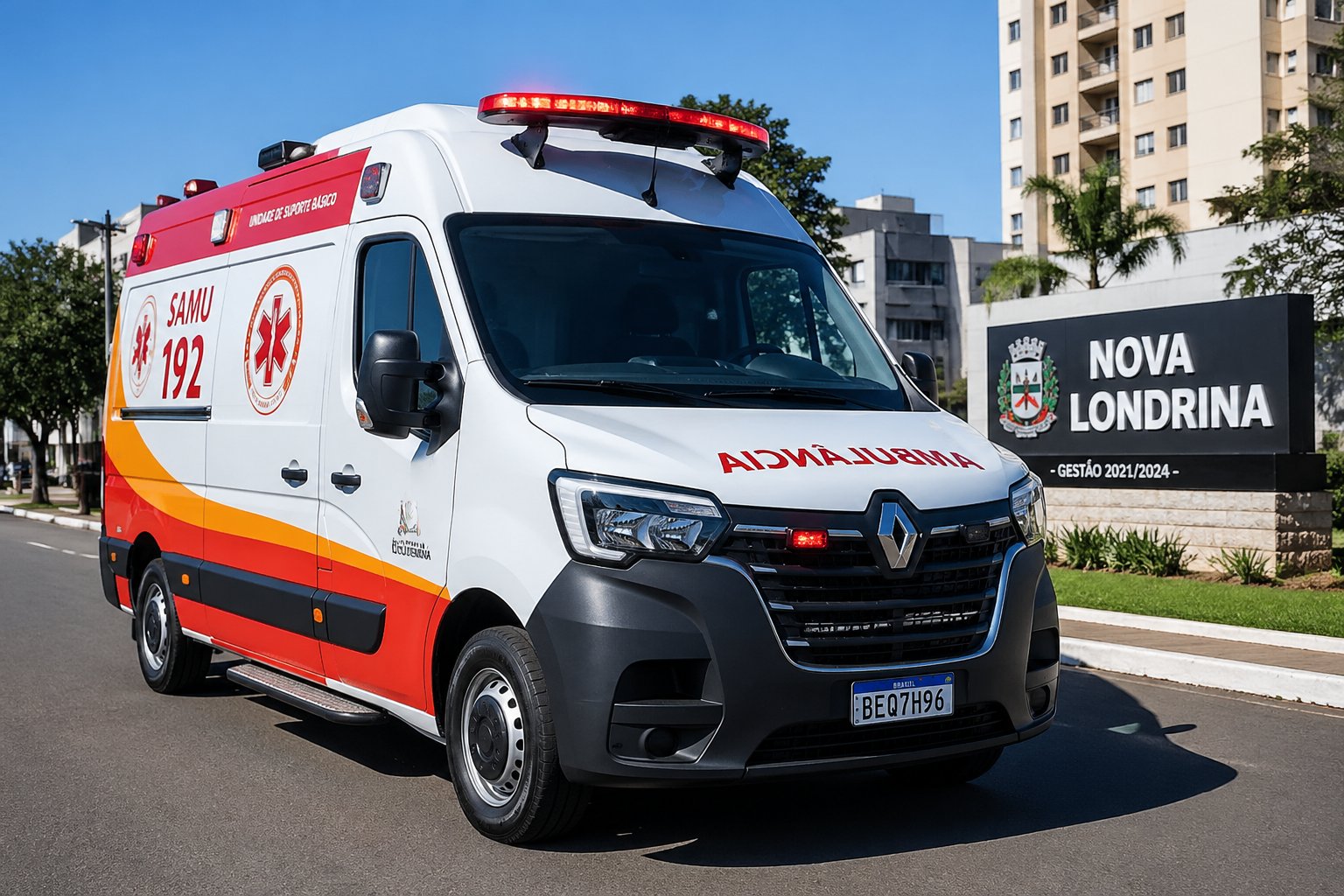 Ambulância moderna estacionada em uma rua da cidade de Nova Londrina durante o dia.