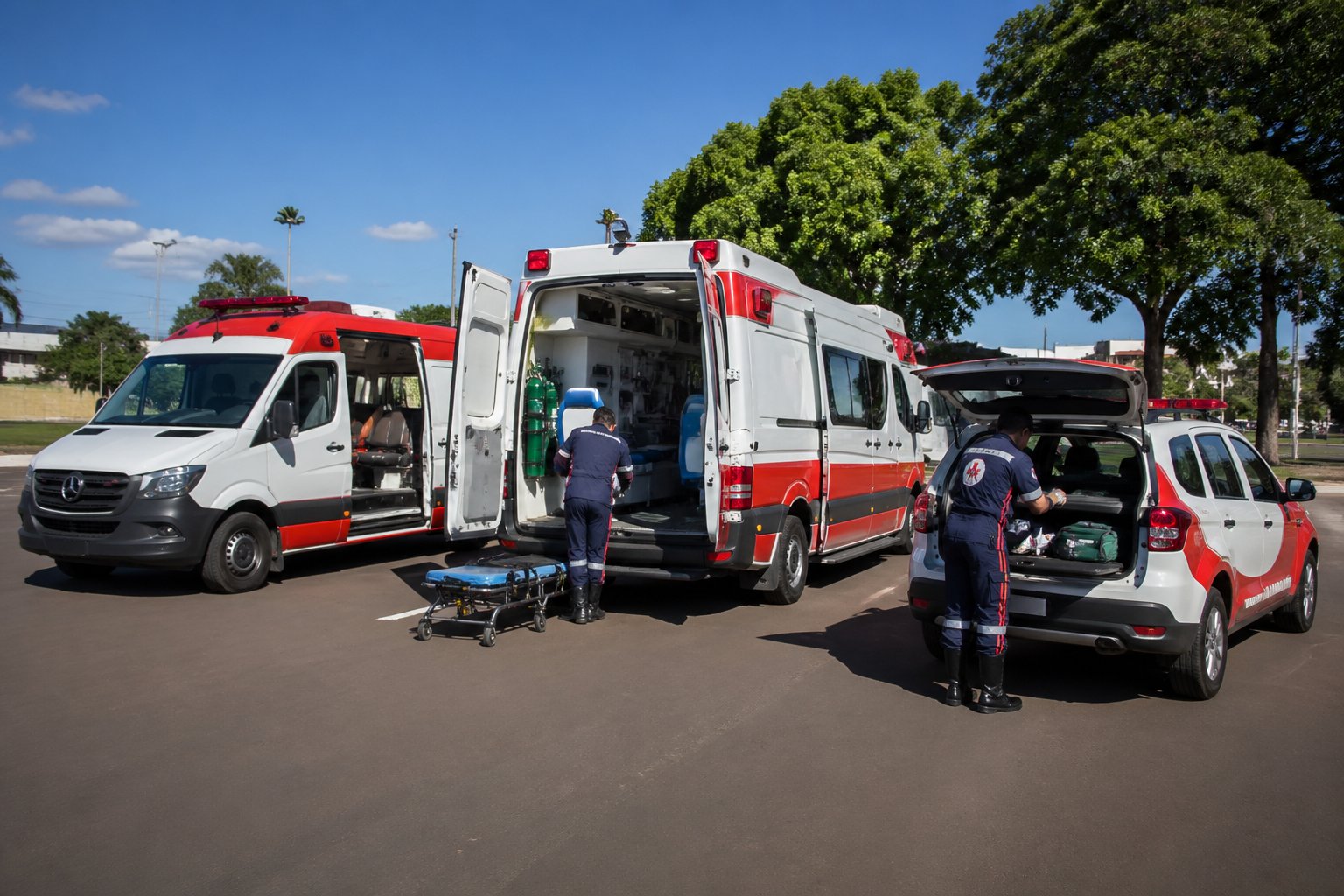 Vários tipos de ambulâncias estacionadas ao ar livre em Paranacity, com profissionais de saúde preparando equipamentos ao redor.