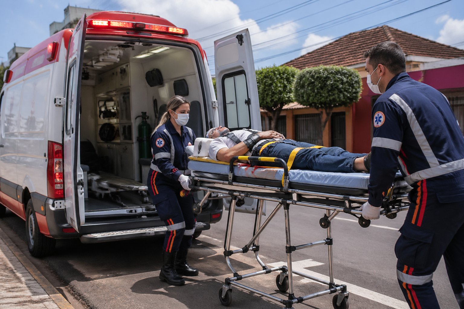 Ambulância estacionada em uma rua de Paranacity com paramédicos atendendo um paciente em uma maca.