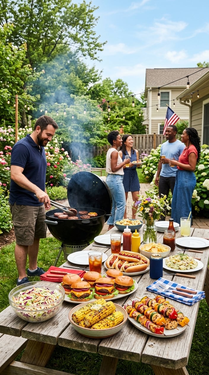 19 Easy BBQ Recipes for the Memorial Day You Didn't Get Around to Planning 2 A backyard barbecue with grilled burgers, hot dogs, corn, chicken skewers, and people enjoying a sunny Memorial Day gathering.