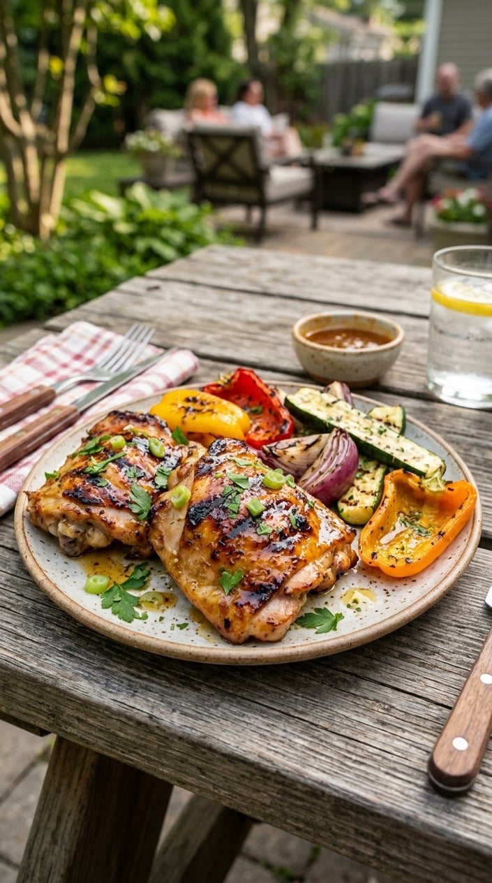 19 Easy BBQ Recipes for the Memorial Day You Didn't Get Around to Planning 3 A plate of grilled chicken thighs glazed with honey-garlic sauce, garnished with fresh herbs and served with grilled vegetables on a wooden table outdoors.