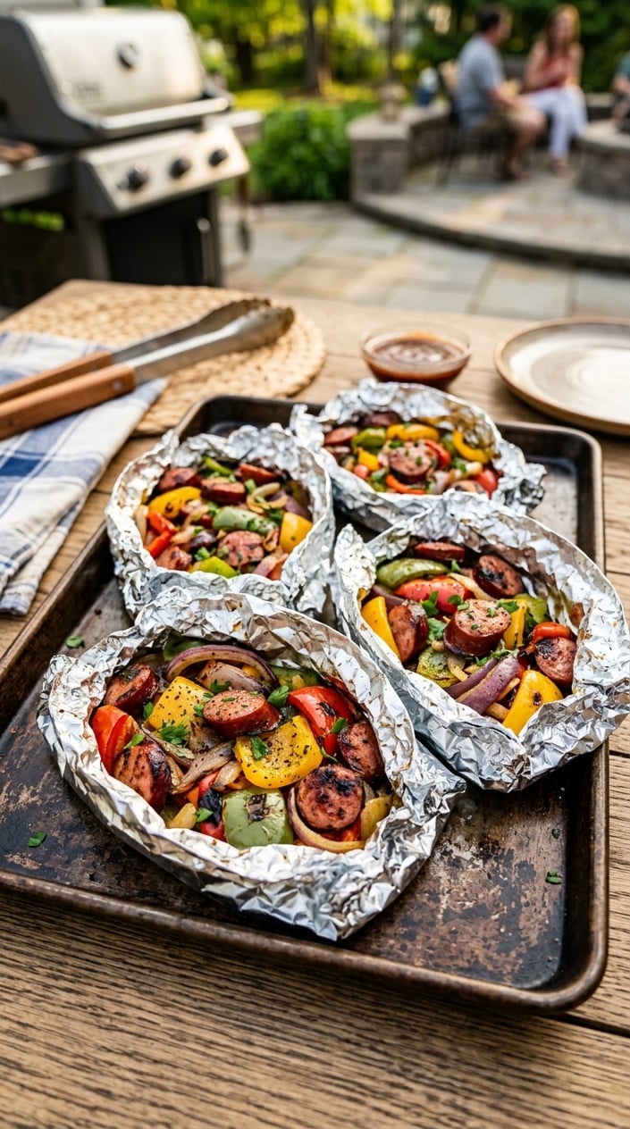 19 Easy BBQ Recipes for the Memorial Day You Didn't Get Around to Planning 4 Open foil packets with smoked sausage, colorful bell peppers, and onions on a sheet pan on a wooden table.