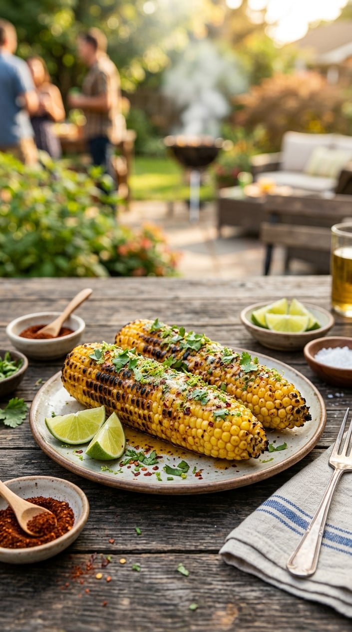 19 Easy BBQ Recipes for the Memorial Day You Didn't Get Around to Planning 5 Grilled corn on the cob with chili-lime butter on a wooden table with bowls of chili powder, lime wedges, and herbs.