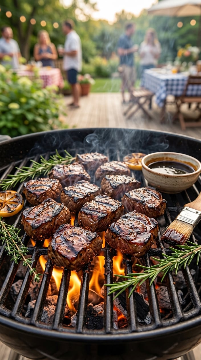 19 Easy BBQ Recipes for the Memorial Day You Didn't Get Around to Planning 6 Close-up of balsamic glazed steak tips grilling on a barbecue with fresh herbs nearby.