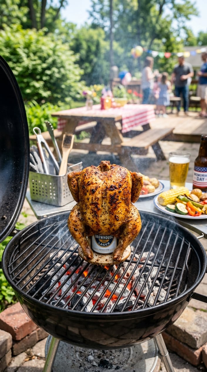 19 Easy BBQ Recipes for the Memorial Day You Didn't Get Around to Planning 7 A whole beer-can chicken cooking upright on a barbecue grill outdoors with glowing coals and smoke.