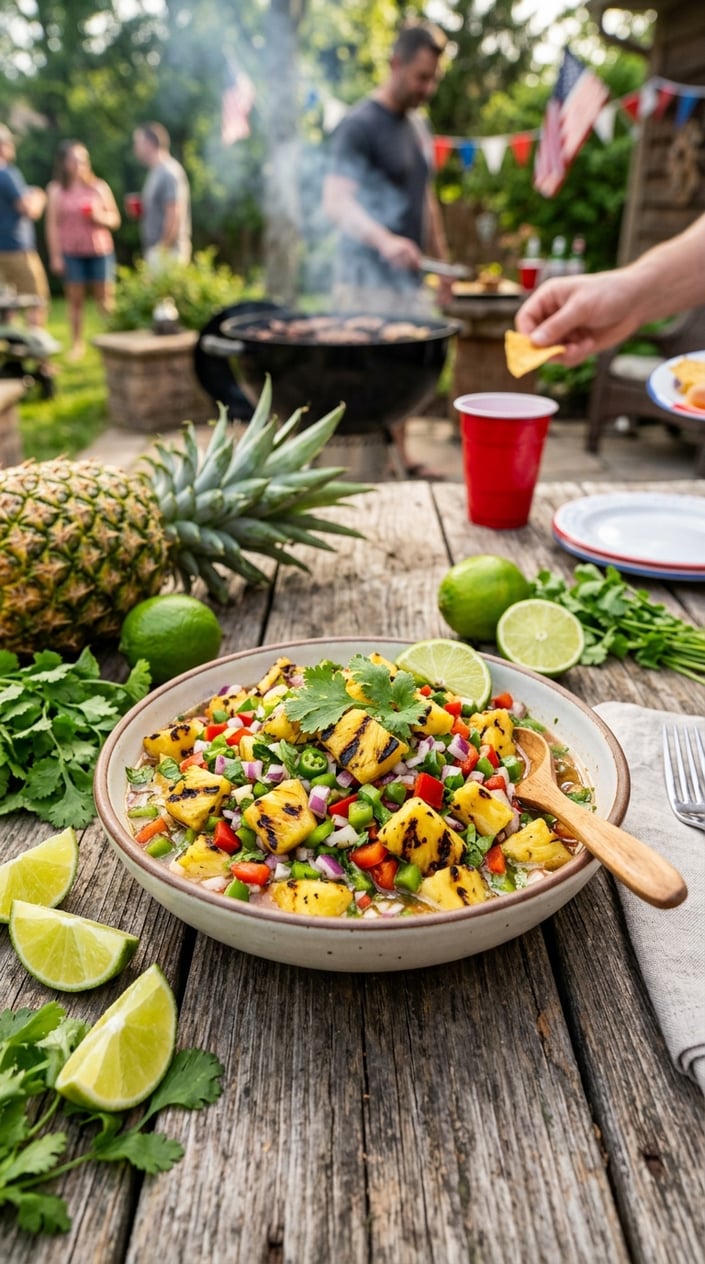 19 Easy BBQ Recipes for the Memorial Day You Didn't Get Around to Planning 8 A bowl of charred pineapple BBQ salsa on a wooden table surrounded by fresh ingredients with a grill in the background.