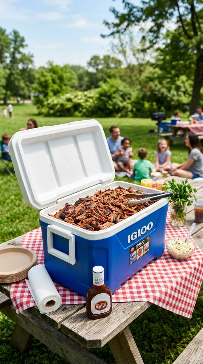19 Easy BBQ Recipes for the Memorial Day You Didn't Get Around to Planning 9 An open cooler filled with shredded pulled pork outdoors on a sunny day with picnic items nearby.
