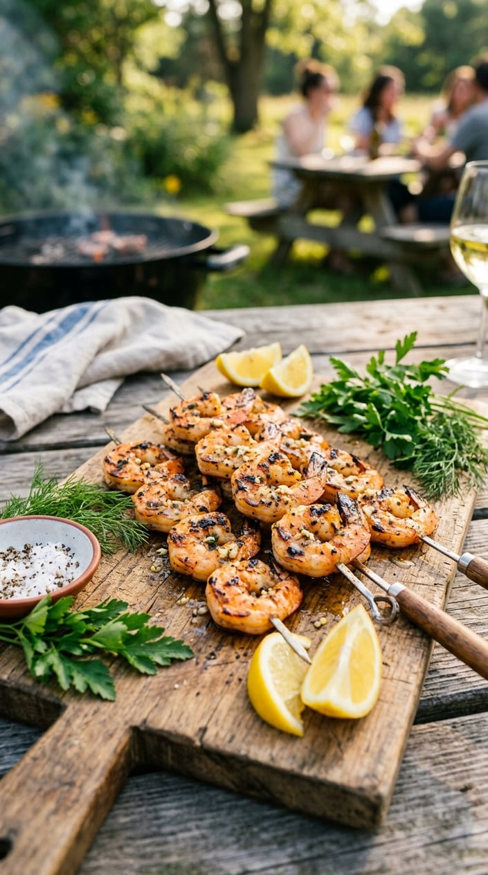 19 Easy BBQ Recipes for the Memorial Day You Didn't Get Around to Planning 10 Grilled lemon-garlic shrimp skewers on a wooden board with lemon wedges and parsley, set in an outdoor BBQ setting.