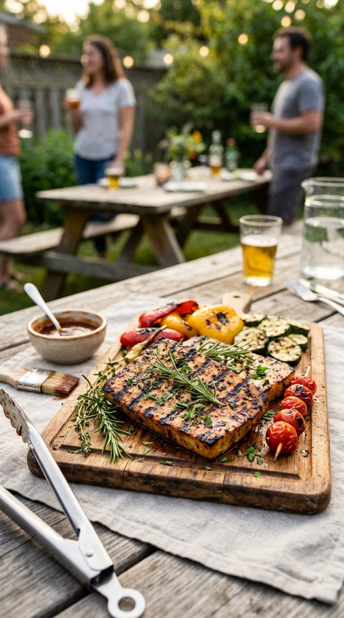 19 Easy BBQ Recipes for the Memorial Day You Didn't Get Around to Planning 11 Grilled tofu steaks with herbs and colorful vegetables on a wooden platter outdoors at a backyard BBQ.