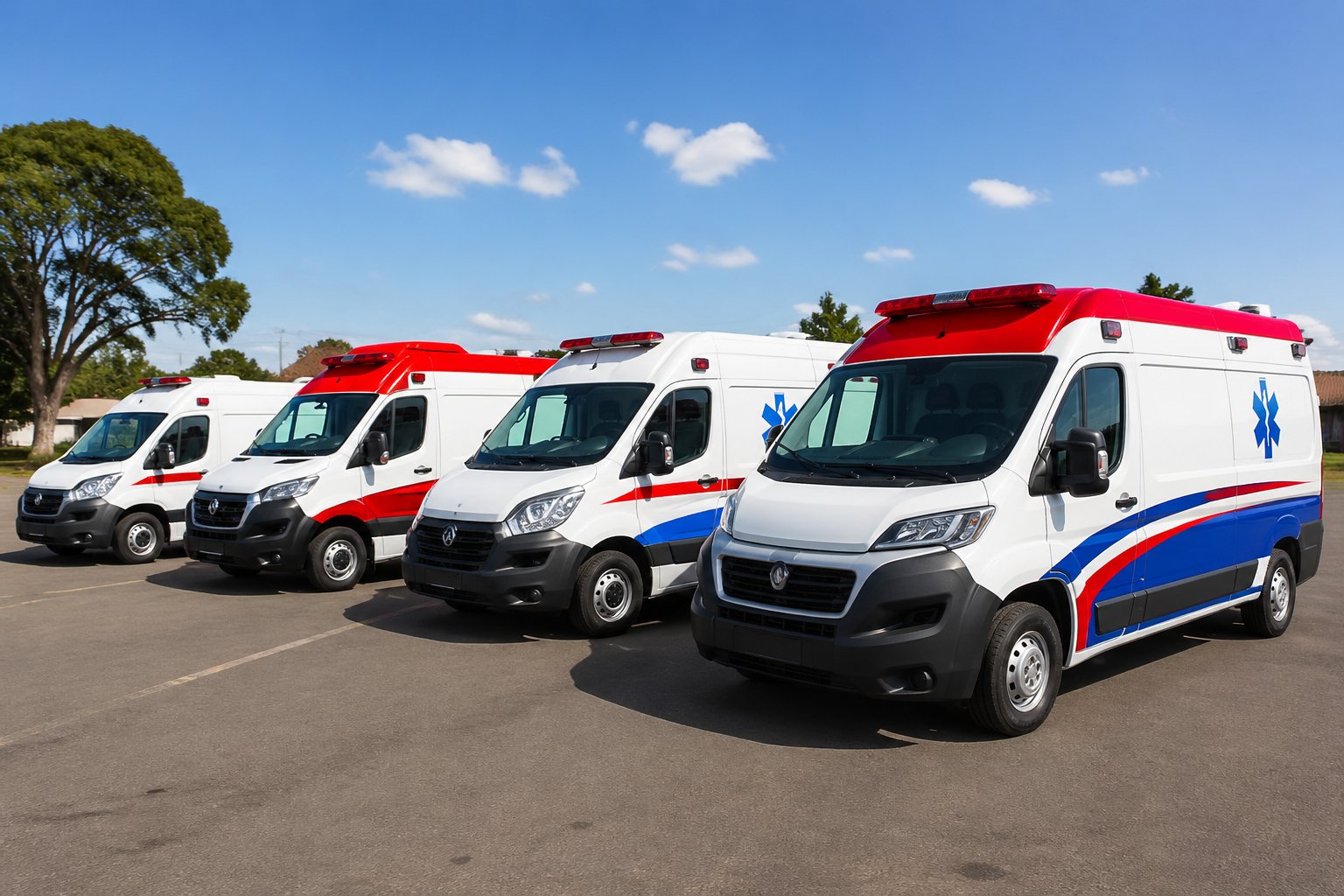 Vários tipos de ambulâncias alinhadas em um ambiente ao ar livre em Amaporã, Brasil.