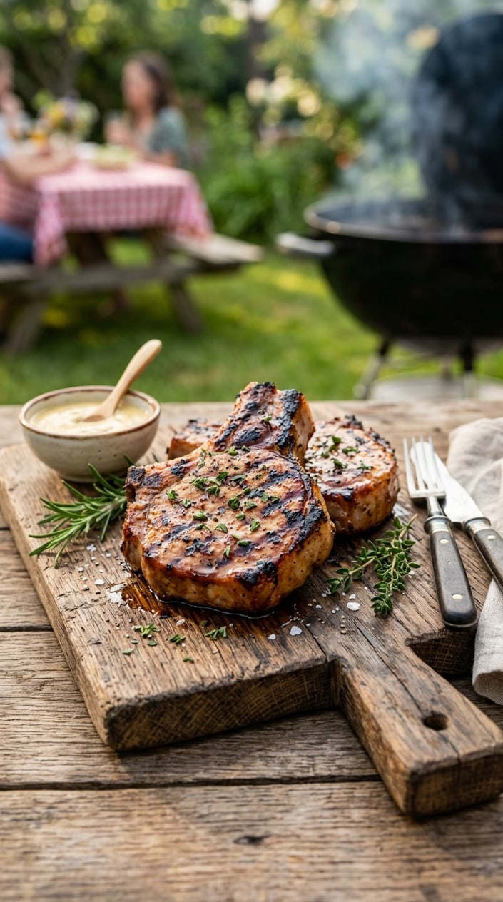19 Easy BBQ Recipes for the Memorial Day You Didn't Get Around to Planning 12 Grilled pork chops glazed with maple-Dijon sauce on a wooden cutting board with fresh herbs and a bowl of mustard sauce.