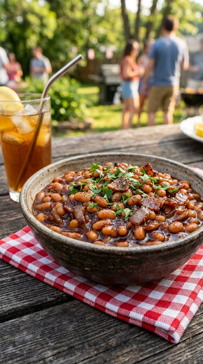 19 Easy BBQ Recipes for the Memorial Day You Didn't Get Around to Planning 13 A bowl of BBQ baked beans on a wooden picnic table with summer picnic items and greenery in the background.