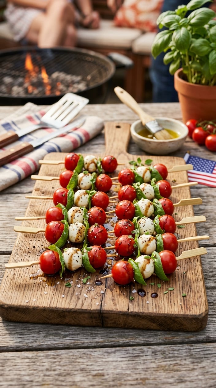 19 Easy BBQ Recipes for the Memorial Day You Didn't Get Around to Planning 14 Skewers with cherry tomatoes, mozzarella balls, and basil leaves arranged on a wooden board, ready to serve.