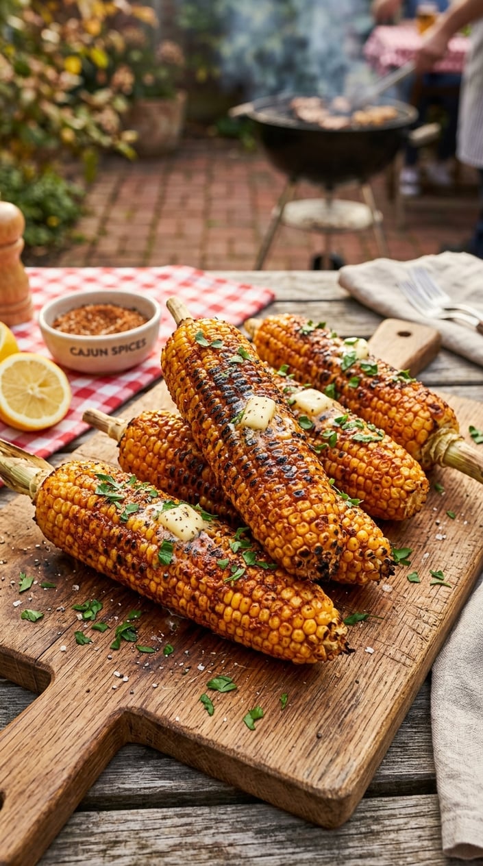 19 Easy BBQ Recipes for the Memorial Day You Didn't Get Around to Planning 15 Grilled corn-on-the-cob seasoned with Cajun spices on a wooden cutting board with butter and parsley.