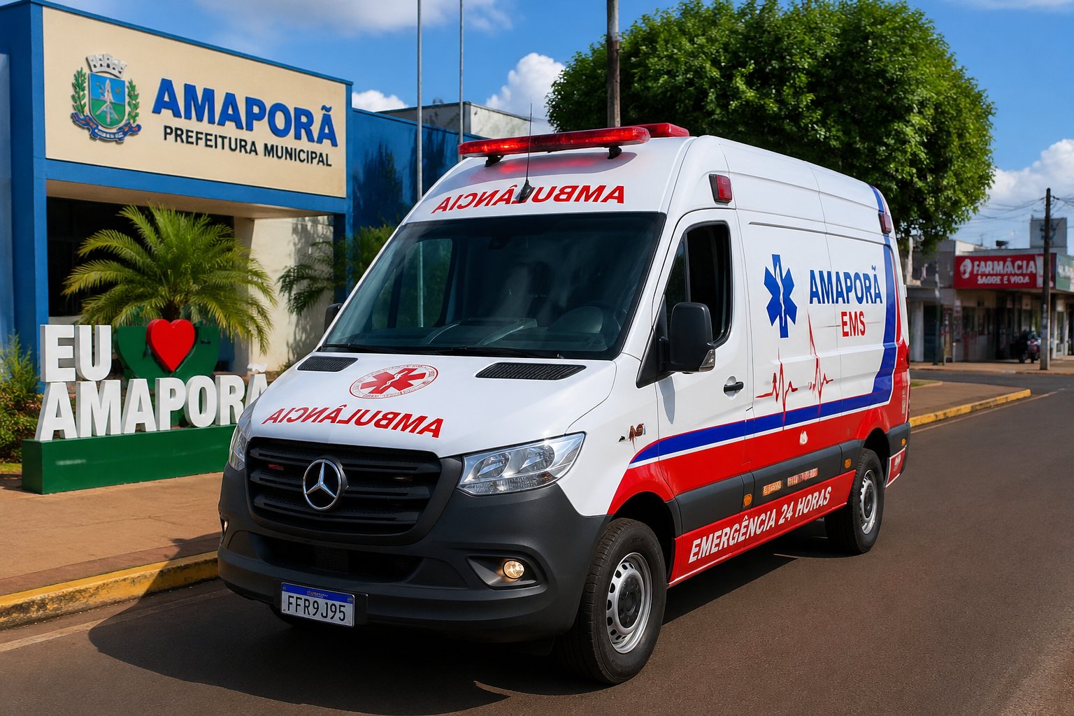 Uma ambulância branca com marcações vermelhas e azuis estacionada em uma rua limpa de uma pequena cidade, com árvores e prédios modestos ao fundo.