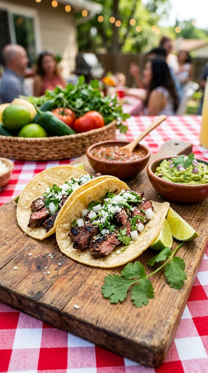19 Easy BBQ Recipes for the Memorial Day You Didn't Get Around to Planning 16 Three carne asada tacos on a wooden board with salsa, guacamole, and lime wedges.