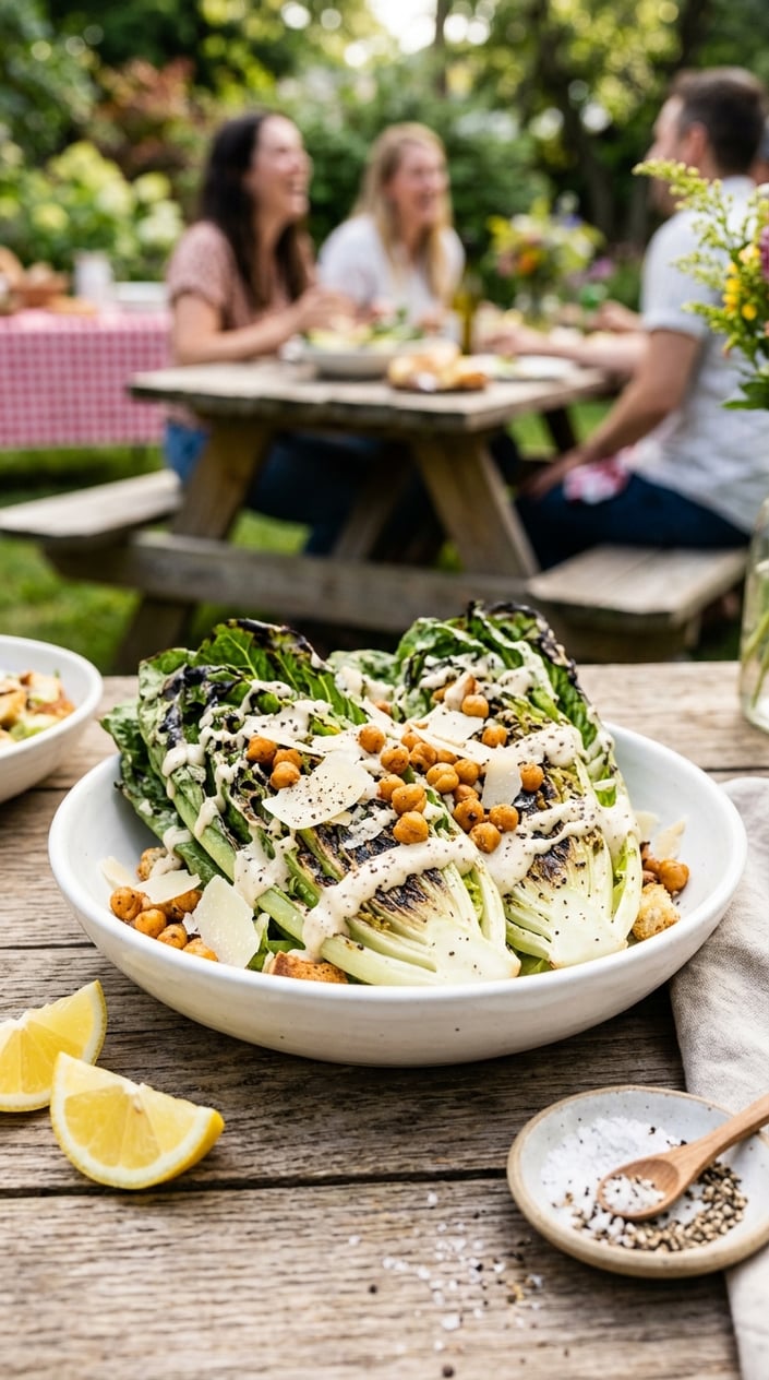 19 Easy BBQ Recipes for the Memorial Day You Didn't Get Around to Planning 17 Grilled romaine Caesar salad with crispy chickpeas in a bowl on a wooden table.
