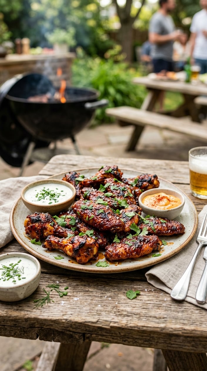 19 Easy BBQ Recipes for the Memorial Day You Didn't Get Around to Planning 18 Plate of smoky chipotle chicken wings with dipping sauces on a wooden table in an outdoor setting.