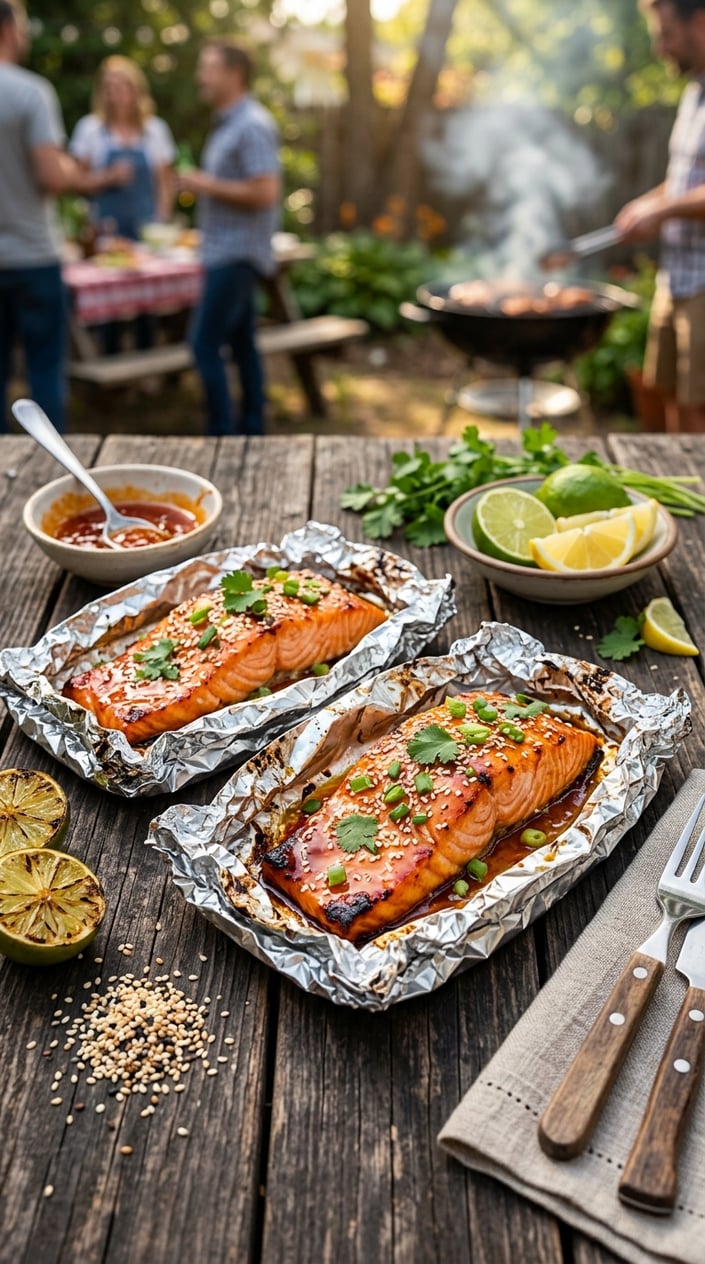 19 Easy BBQ Recipes for the Memorial Day You Didn't Get Around to Planning 19 Close-up of honey-sriracha salmon foil packets garnished with sesame seeds and green onions on a wooden table with lemon wedges and sauce.