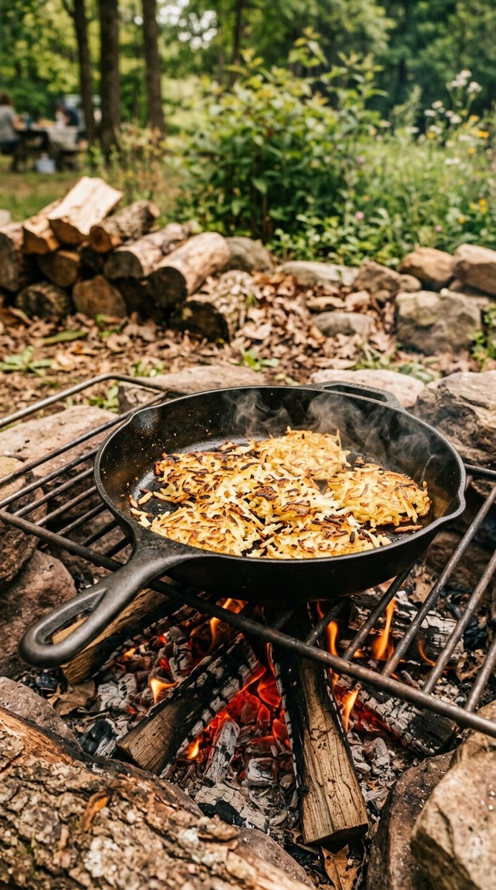19 Easy BBQ Recipes for the Memorial Day You Didn't Get Around to Planning 20 Cast iron skillet with crispy hashbrown potatoes cooking over a campfire outdoors surrounded by logs and greenery.
