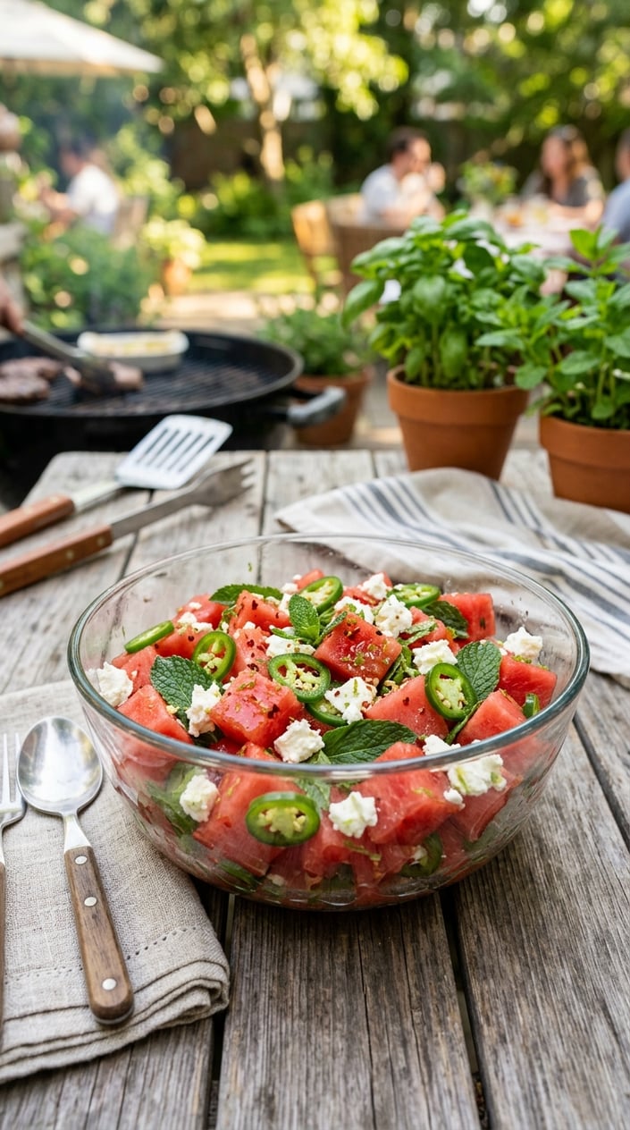 19 Easy BBQ Recipes for the Memorial Day You Didn't Get Around to Planning 21 A bowl of watermelon salad with jalapeños, mint, and feta cheese on a wooden table in an outdoor setting.