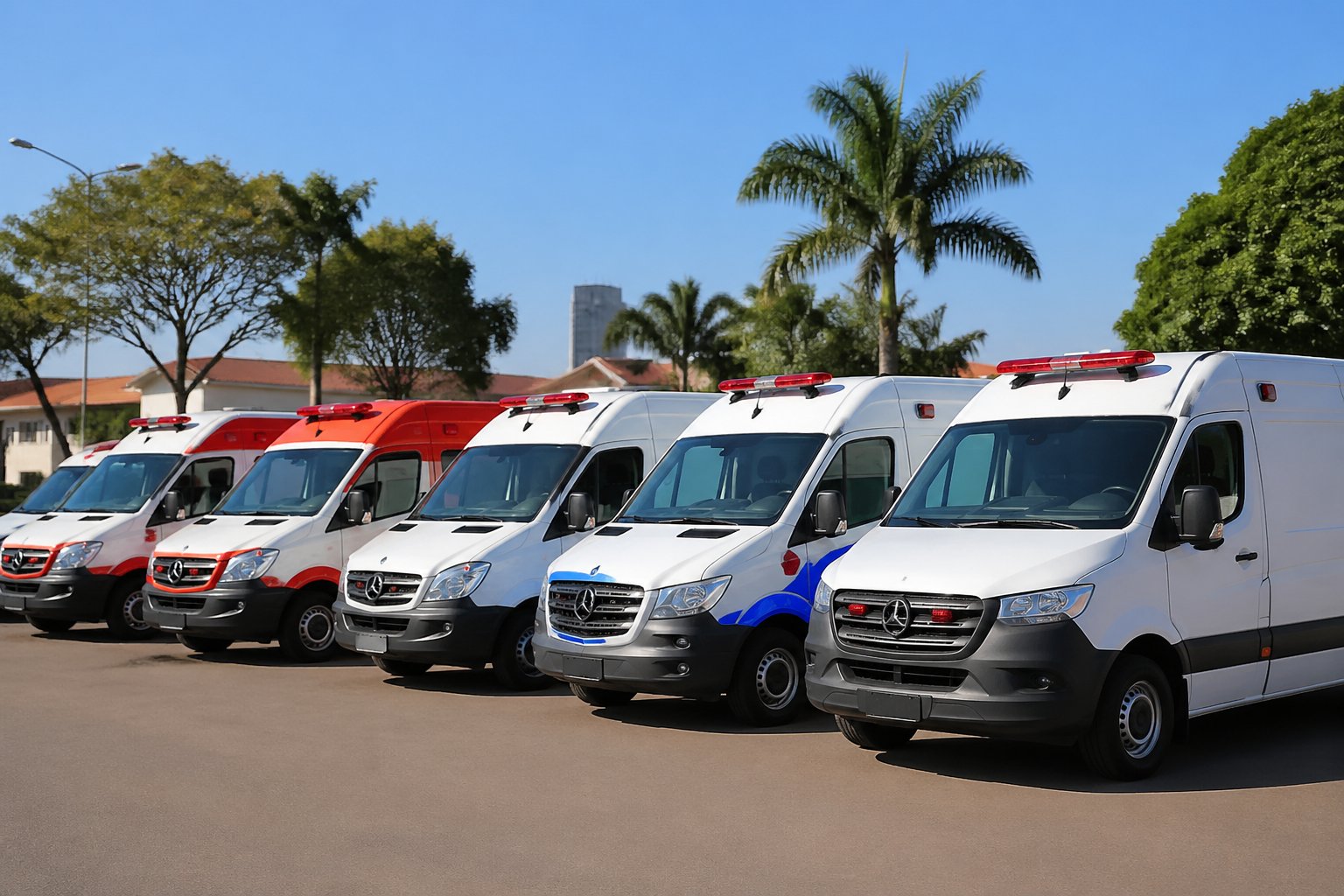 Vários tipos de ambulâncias estacionadas em fila em Paraíso do Norte durante o dia.