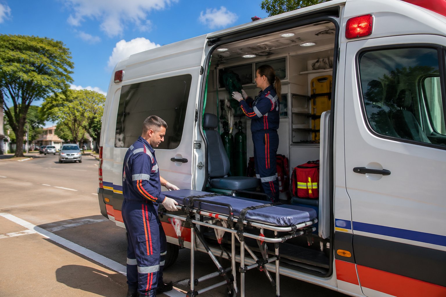 Ambulância estacionada com paramédicos verificando equipamentos médicos em uma rua de Paraíso do Norte.