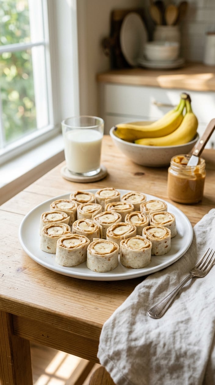 Plate of sliced peanut butter and banana roll-ups on a wooden table with fresh bananas and a glass of milk in the background.