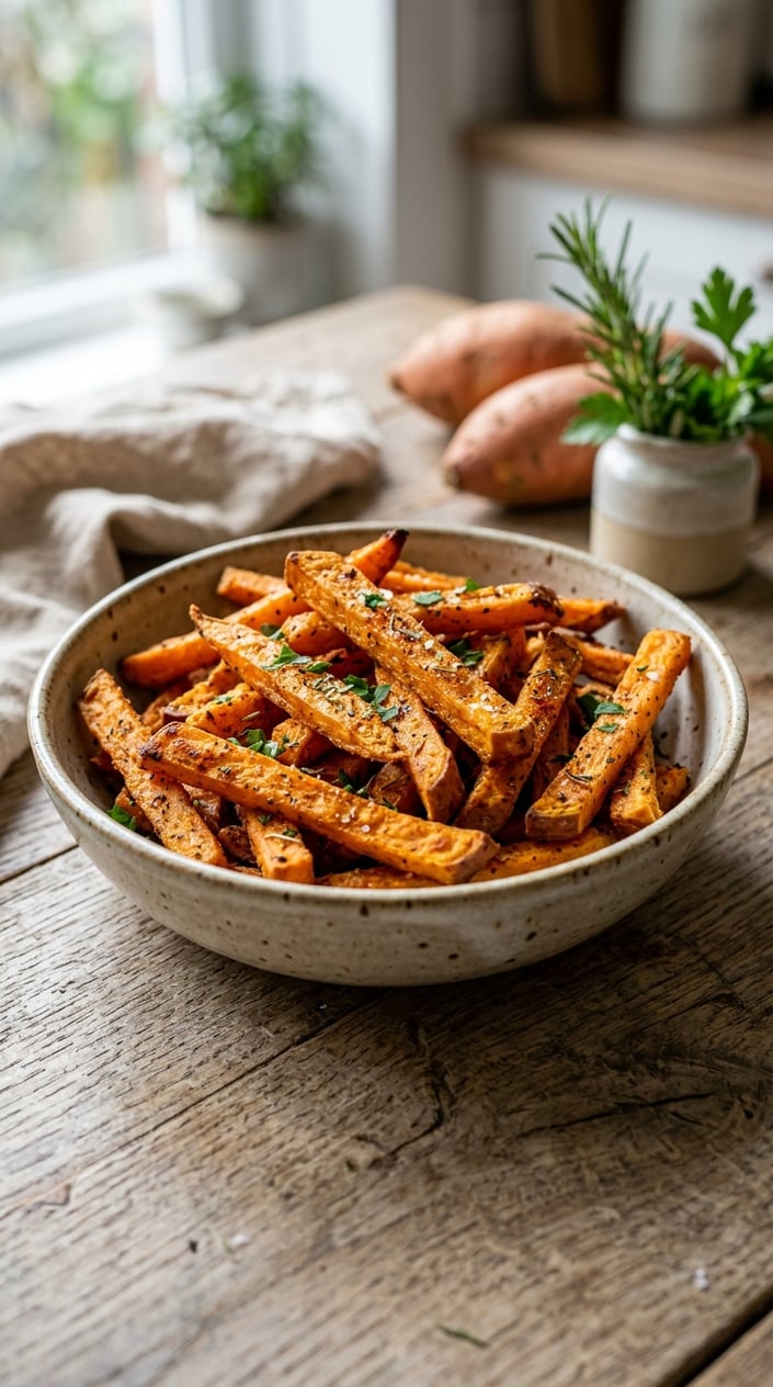 A bowl of golden air-fryer sweet potato fries on a wooden table with fresh sweet potatoes and herbs around.