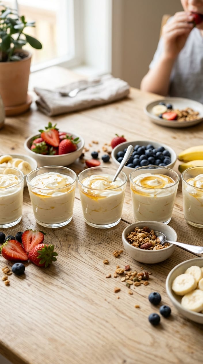 Small cups filled with Greek yogurt topped with honey, surrounded by fresh fruit on a wooden table.