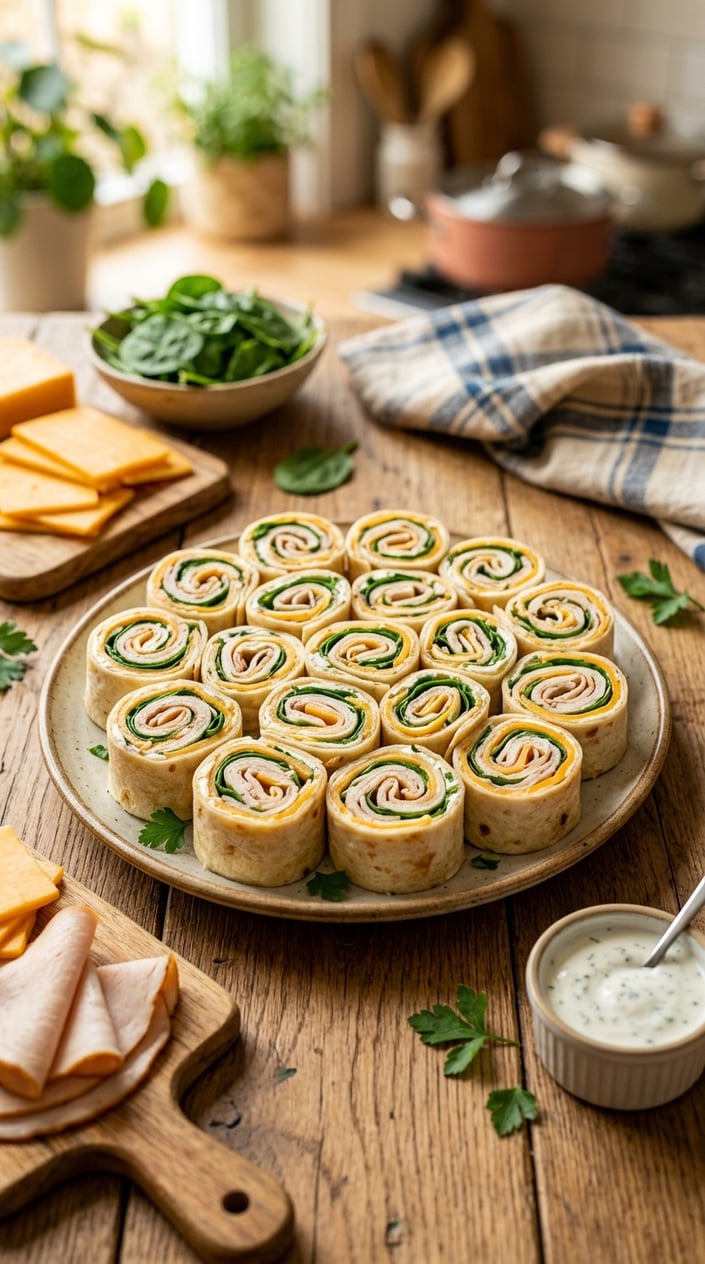 A plate of mini turkey-and-cheddar pinwheels on a wooden table with fresh ingredients around them.
