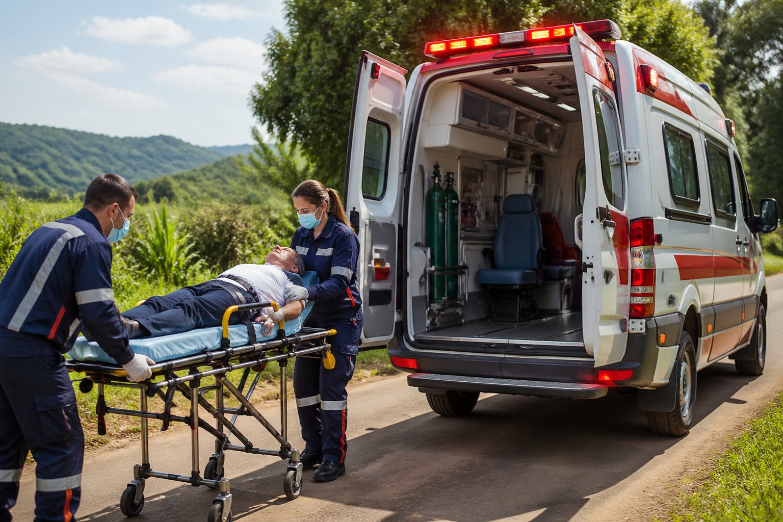 Ambulância estacionada em uma estrada rural no Alto Paraná com profissionais de saúde atendendo um paciente em uma maca.