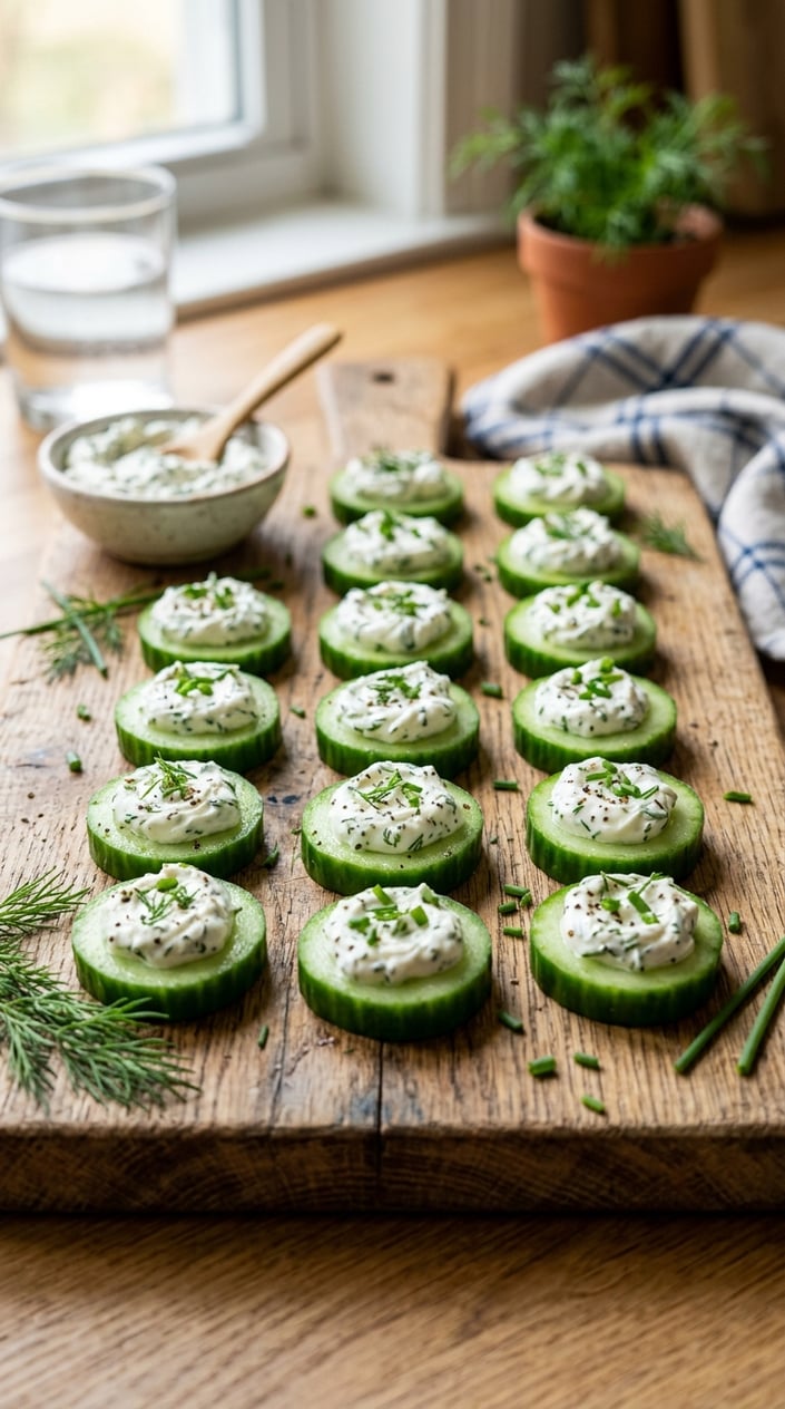 Close-up of cucumber slices topped with herbed cream cheese arranged on a wooden board.