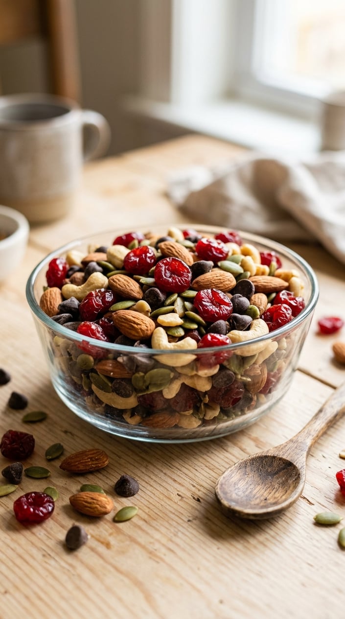 A bowl of homemade trail mix with dried cherries, nuts, seeds, and chocolate chips on a wooden surface with a small spoon beside it.