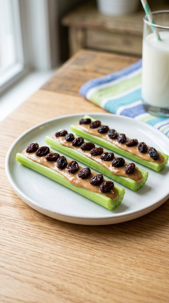 A plate with celery sticks spread with almond butter and topped with raisins.