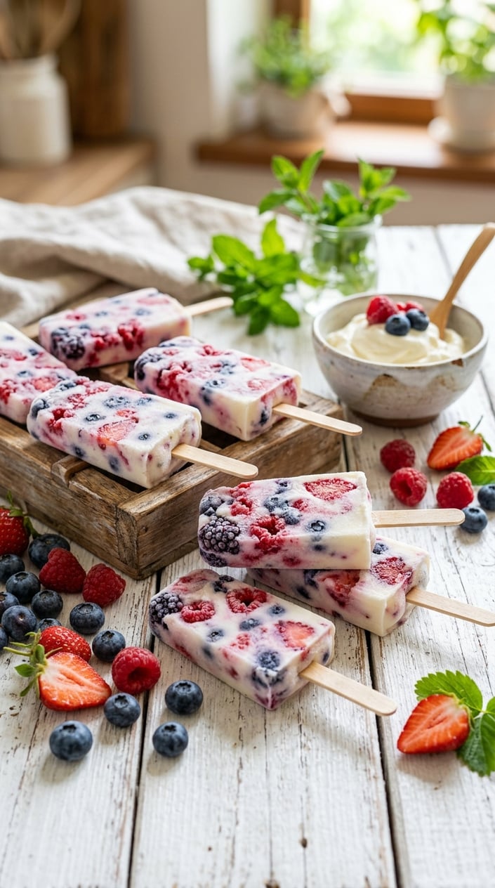 Frozen yogurt berry popsicles on sticks with fresh berries arranged on a wooden surface.
