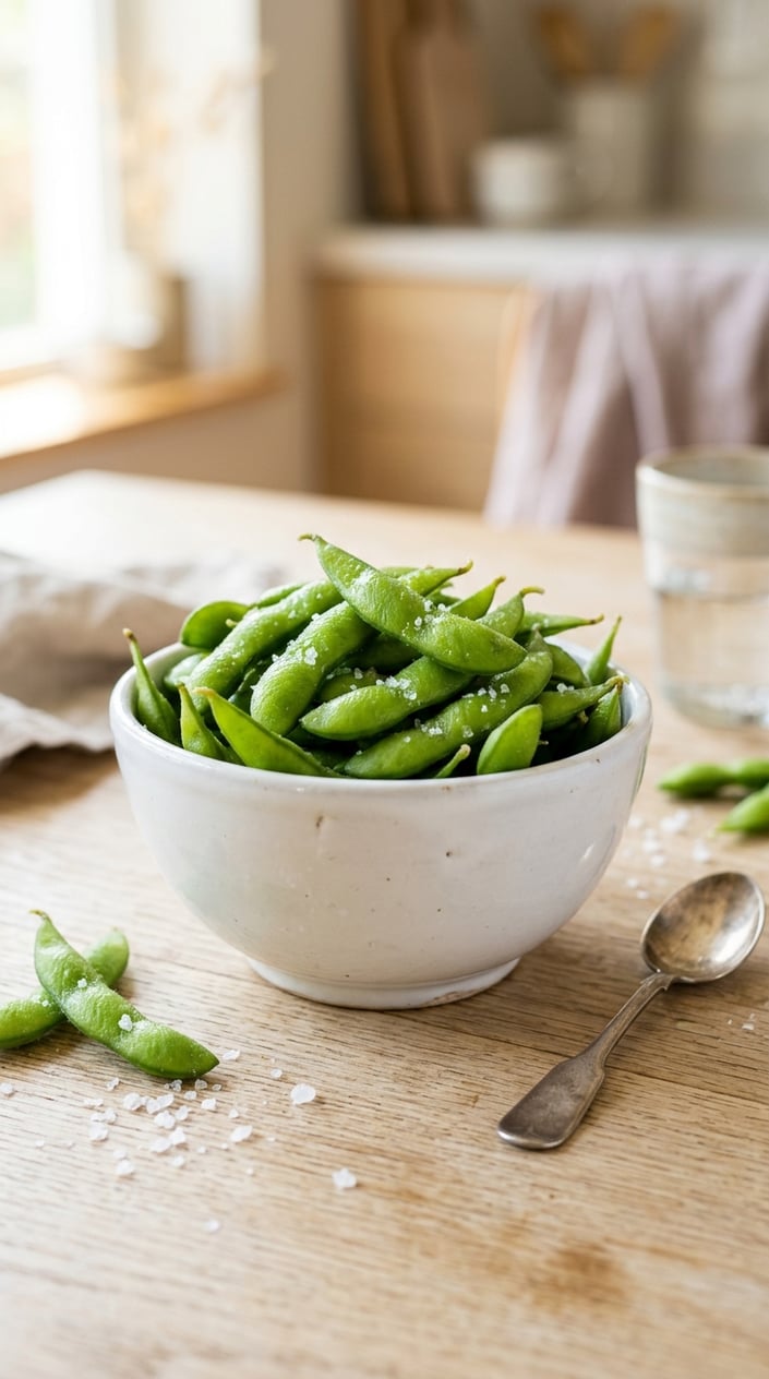 A white bowl of fresh green edamame pods sprinkled with sea salt on a wooden surface.