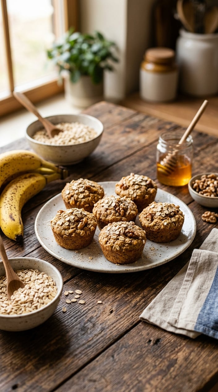 A plate of whole-grain banana oat muffins on a wooden table surrounded by bananas, oats, and honey.