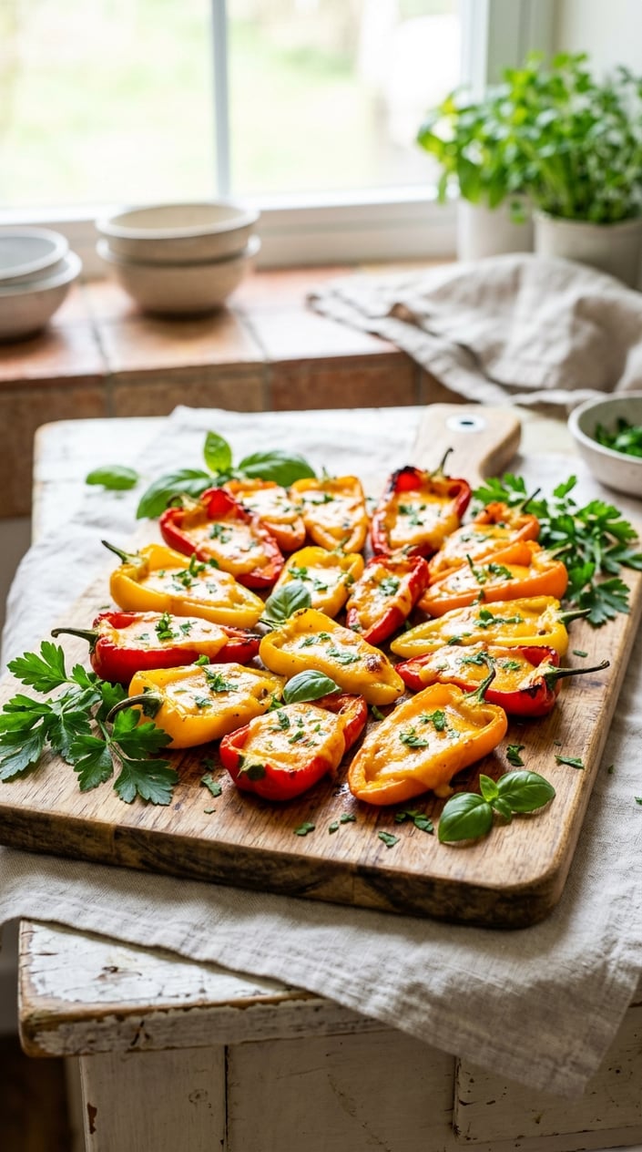 A plate of colorful mini bell peppers stuffed with melted cheddar cheese, garnished with fresh herbs.