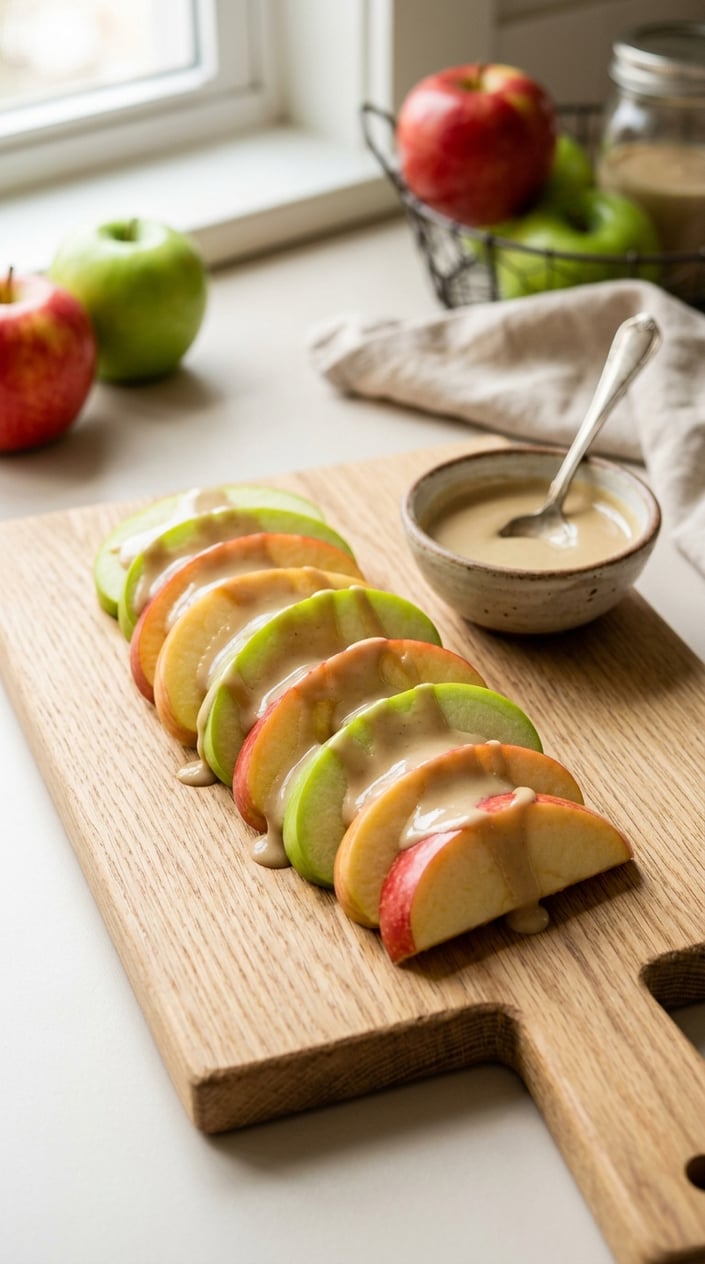 Fresh apple slices drizzled with tahini sauce on a wooden cutting board with a small bowl of tahini and whole apples in the background.