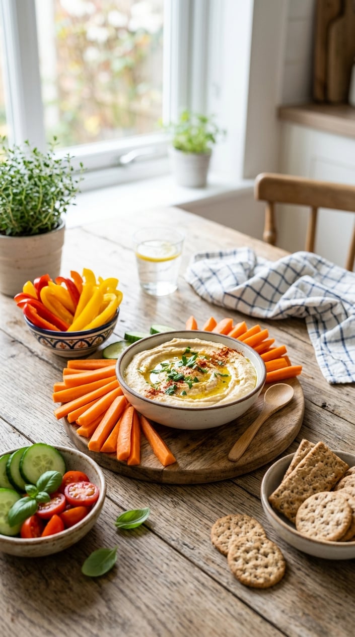 A bowl of hummus surrounded by fresh carrot sticks and other healthy vegetable snacks on a wooden table.