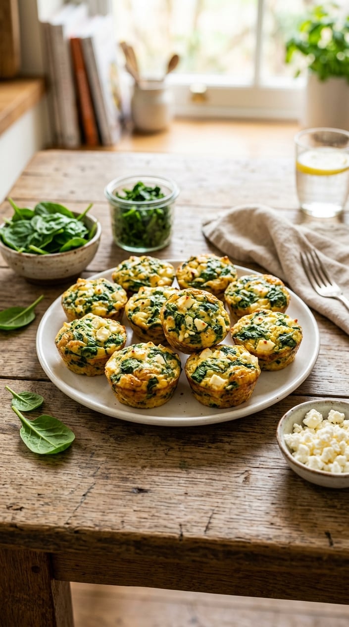 Plate of spinach and feta egg muffins on a wooden table with fresh spinach leaves and bowls of feta cheese and spinach nearby.