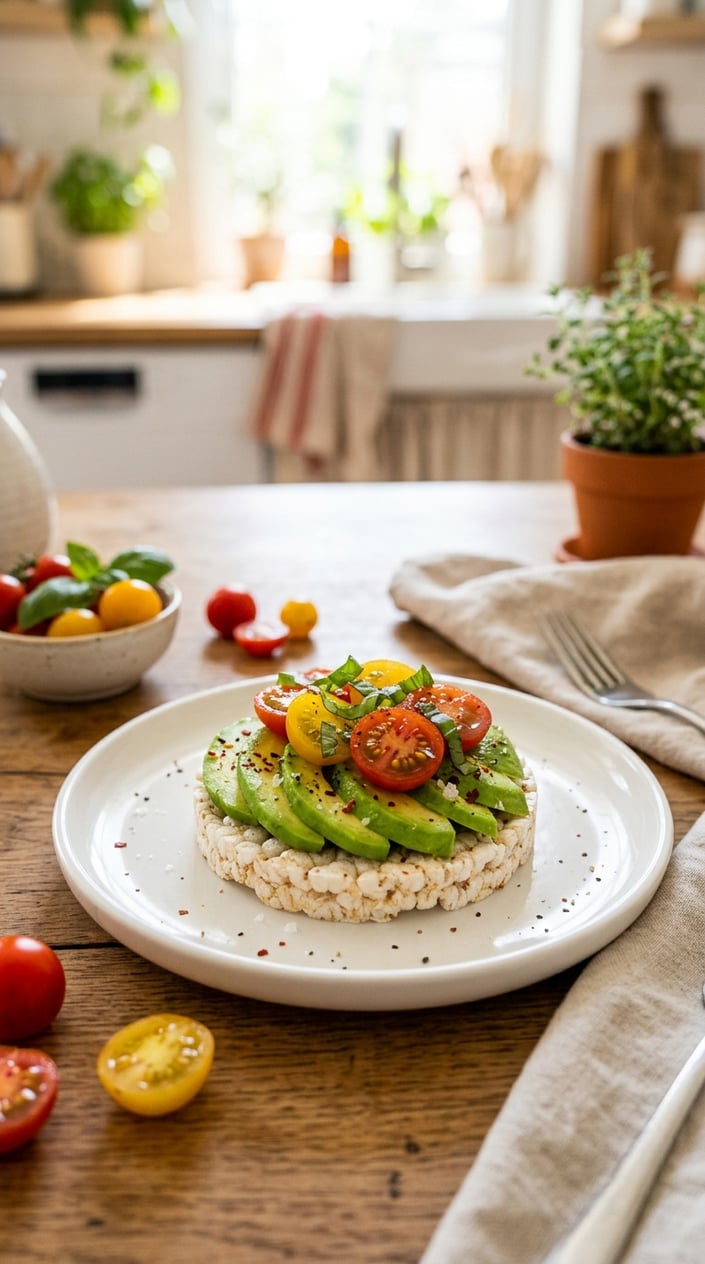 A rice cake topped with sliced avocado and cherry tomatoes on a white plate.