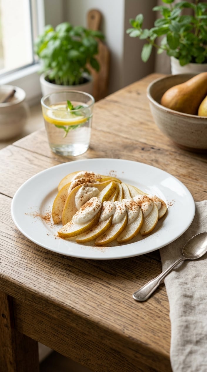A plate with sliced pear topped with ricotta cheese and sprinkled cinnamon on a wooden table.