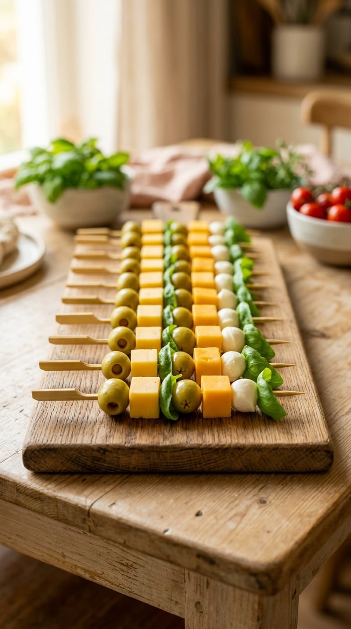 Close-up of olive and cheese skewers with green olives, cheese cubes, and basil leaves on a wooden board.