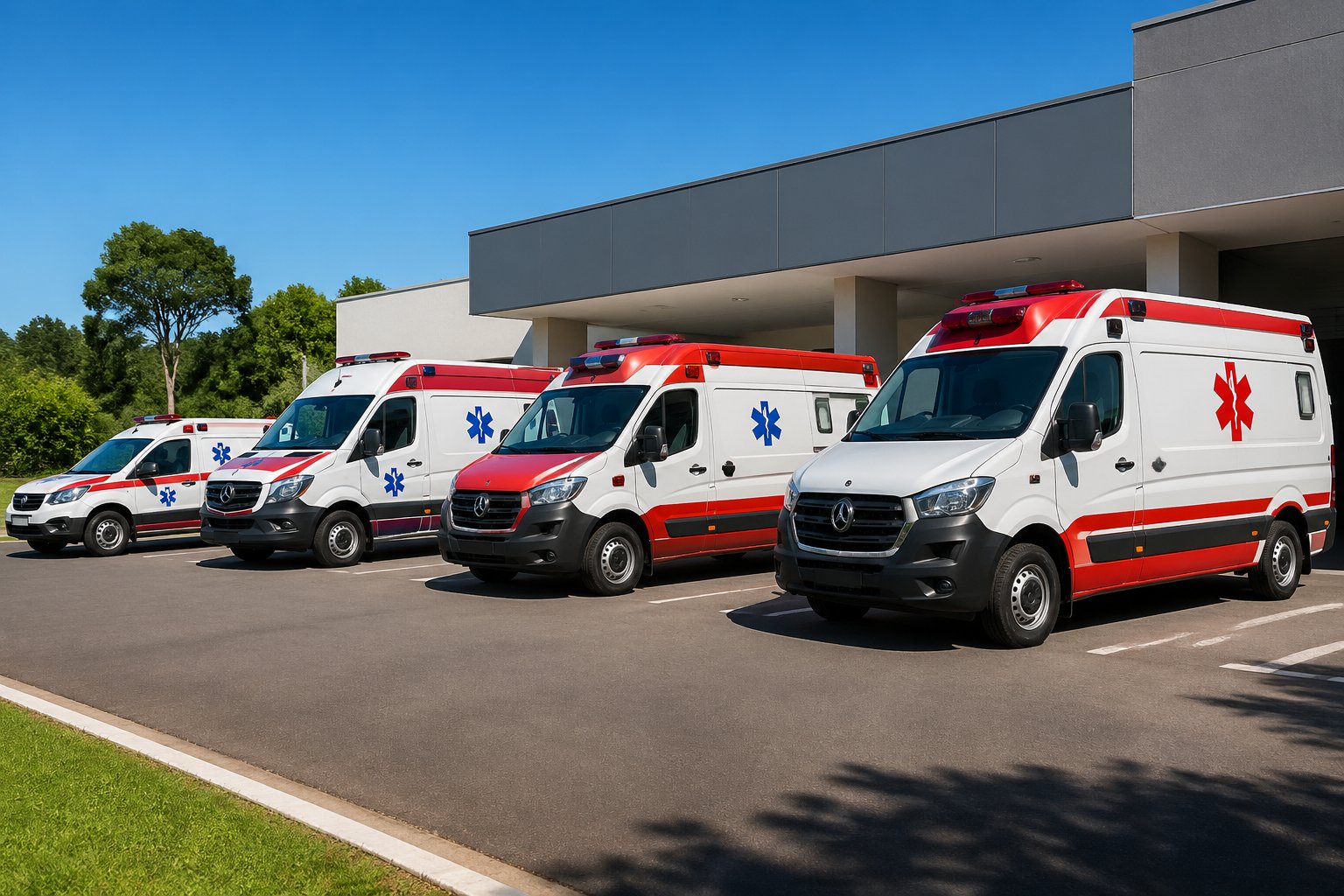 Vários tipos de ambulâncias estacionadas em frente a uma unidade de emergência em Floraí, com céu azul e vegetação ao fundo.