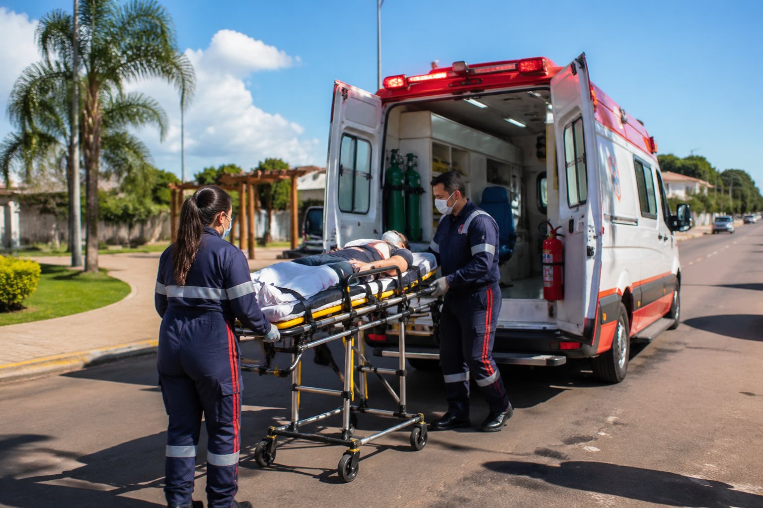 Ambulância em Mandaguaçu com paramédicos atendendo um paciente em uma rua da cidade.