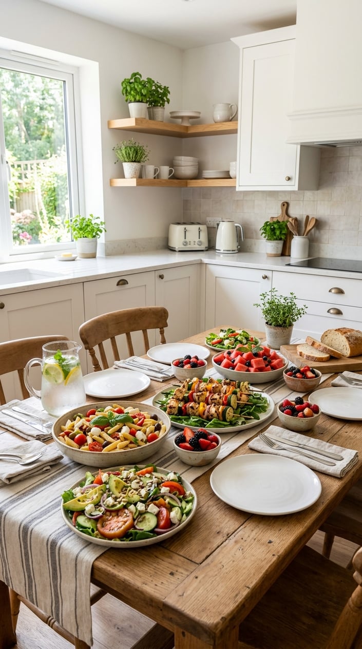 22 Easy Summer Meals That Don't Heat Up the Whole Kitchen 2 A table set with various fresh summer meals including salads, grilled chicken skewers, and bowls of fruit in a bright kitchen with natural sunlight.