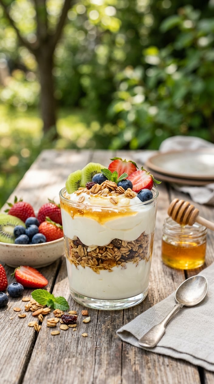 22 Easy Summer Meals That Don't Heat Up the Whole Kitchen 3 A glass of Greek yogurt parfait layered with honey and granola, surrounded by fresh summer fruits on a wooden table.
